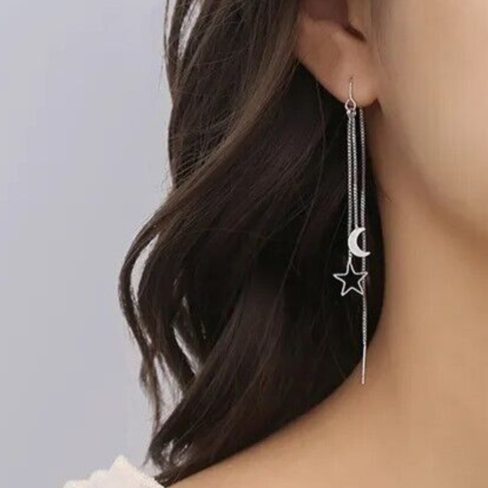 Silver Moon and Star Threader Tassel Chain Earrings